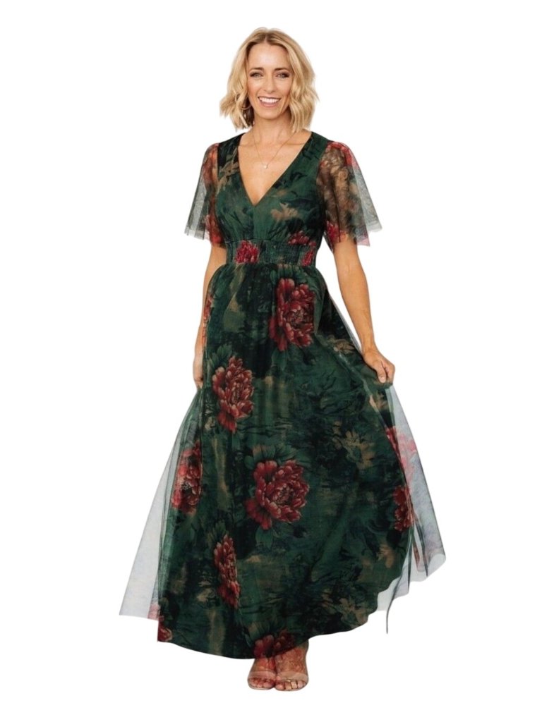 Nwt Baltic Born Cressida Maxi Dress Women M Green Red Floral Tulle Forest Fairy